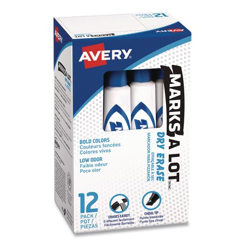 MARKS A LOT Desk-Style Dry Erase Markers, Broad Chisel Tip, Blue, Dozen