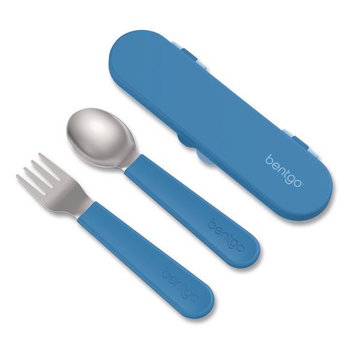Kids Stainless Steel Utensils, 5.7 Fork, 5.8 Spoon, 2 x 6 Case, Stainless Steel/Silicone, Blue