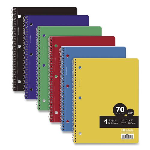 Spiral Notebooks, 1-Subject, Medium/College Rule, Randomly Assorted Cover Color, (70) 10.5 x 8 Sheets