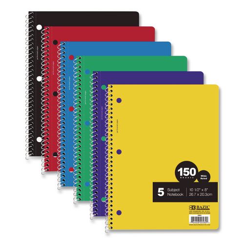 Spiral Notebooks, 5-Subject, Wide/Legal Rule, Randomly Assorted Color Cover, (150) 10.5 x 8 Sheets