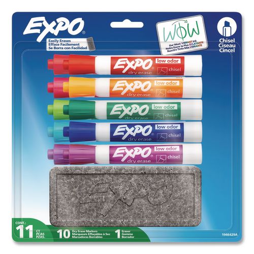 Low-Odor, Dry Erase 10-Color Marker and Eraser Set, Broad Chisel Tip, Assorted Colors, 10/Set