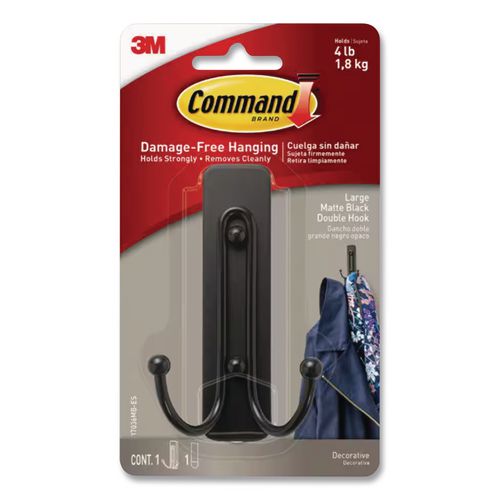 Image of Commandâ„¢ Adhesive Mount Metal Hook, Large, Double Hook, Matte Black Finish, 4 lb Capacity, 1 Hook and 1 Strip/Pack