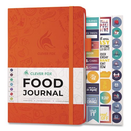 Food Journal, Undated Six-Month Format, Engraved Food and Fitness Artwork, Orange Cover, 8.3 x 5.8 Sheets