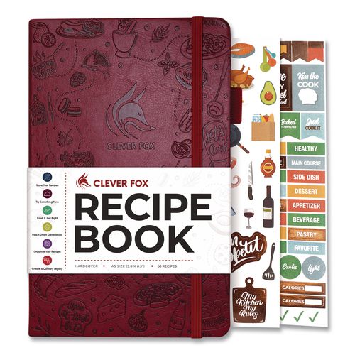 Recipe Book, Customizable Space for 60 Recipes, Engraved Food and Kitchen Artwork, Burgundy Cover, 8.3 x 5.8 Sheets