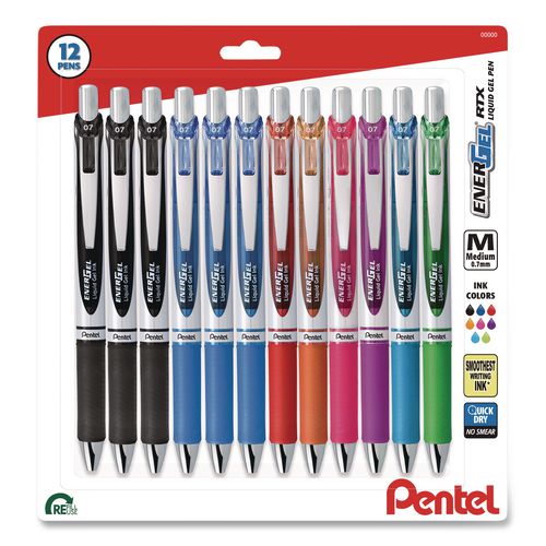 EnerGel RTX Gel Pen, Retractable, Medium 0.7 mm, Assorted Ink, Assorted Barrel Colors, 12/Pack