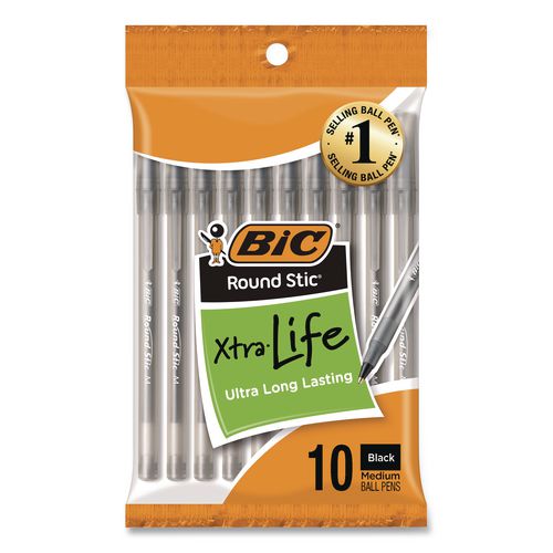 Round Stic Xtra Life Ballpoint Pen, Stick, Medium 1 mm, Black Ink, Translucent Black Barrel, 10/Pack