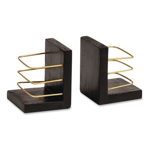 Wood Decorative Basket Bookends, Nonslip Base, 4 x 4 x 5, Wood/Metal, Brown/Gold