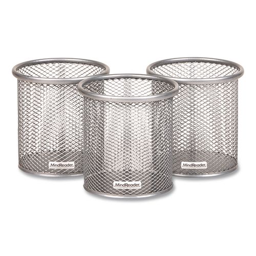 Metal Pen Holder, 3.5" x 3.5" x 3.75", Silver, 3 Pieces/Set