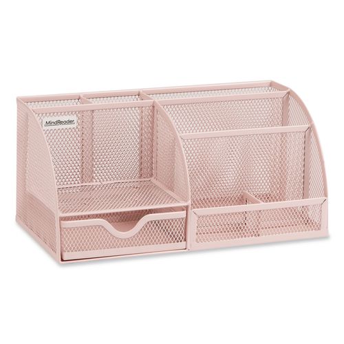 7-Compartment Metal Desk Organizer, 11 x 5.5 x 5, Pink Metal Mesh