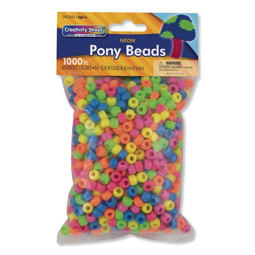 Pony Beads, Plastic, 0.24" x 0.35", Assorted Neon Colors, 1,000/Pack