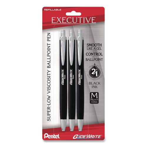 GlideWrite Executive Hybrid Gel Pen, Retractable, Medium 1 mm, Black Ink, Black/Silver Barrel, 3/Pack