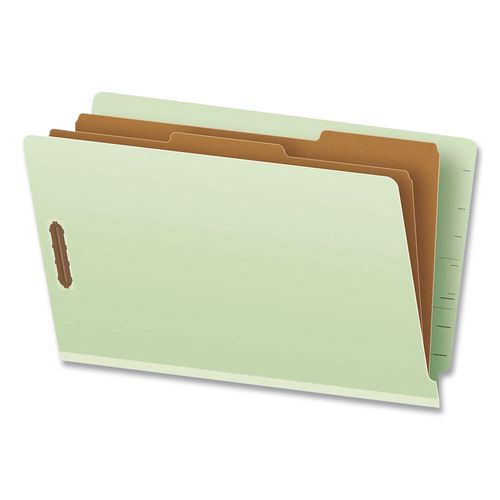 Pressboard End Tab Classification Folders, Straight Tab, Expands 2.5", 2 Dividers, 6 Fasteners, Legal Size, Light Green,10/BX