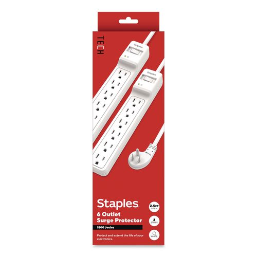 Six-Outlet Surge Protector, 2.5 ft Cord, 1,800 J, White, 2/Pack
