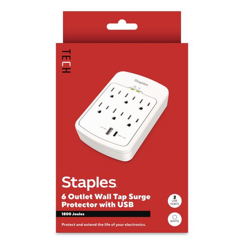 Six-Outlet Surge Protector, 6 AC Outlets/2 USB Ports, 1,800 J, White