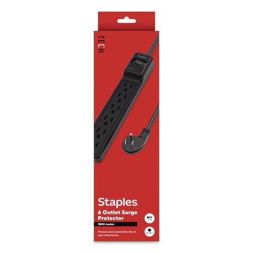 Six-Outlet Surge Protector, 4 ft Cord, 1,800 J, Black