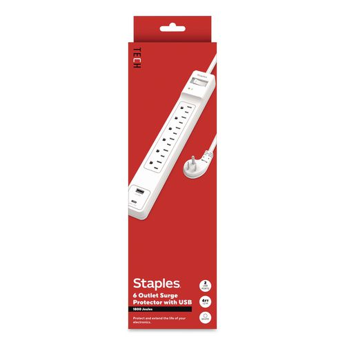 Six-Outlet Surge Protector, 6 AC Outlets/2 USB Ports, 4 ft Cord, 1,800 J, White