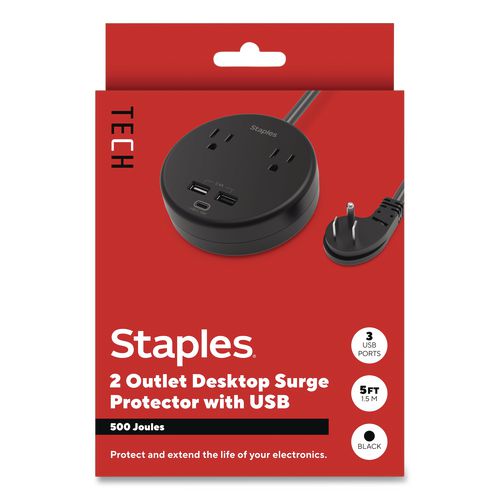 Two-Outlet Surge Protector, 2 AC Outlets/3 USB Ports, 5 ft Cord, 500 J, Black