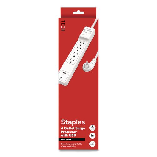 Four-Outlet Surge Protector, 4 AC Outlets/2 USB Ports, 3 ft Cord, 1,800 J, White