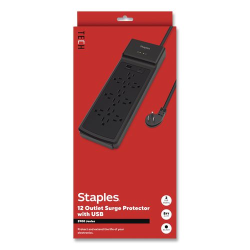 12-Outlet Surge Protector, 12 AC Outlets/2 USB Ports, 8 ft Cord, 3,900 J, Black