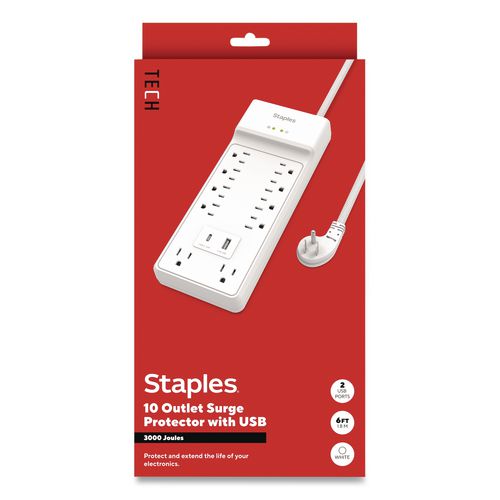 Ten-Outlet Surge Protector, 10 AC Outlets/2 USB Ports, 6 ft Cord, 3,000 J, White