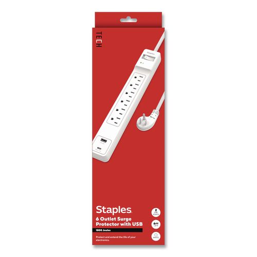Six-Outlet Surge Protector, 6 AC Outlets/2 USB Ports, 6 ft Cord, 1,800 J, White