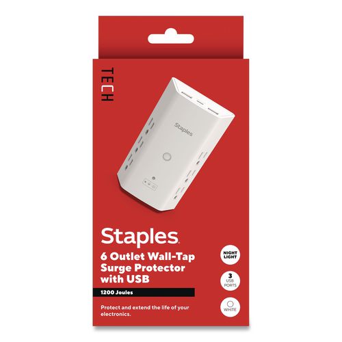 Six-Outlet Surge Protector, 6 AC Outlets/3 USB Ports, 1,200 J, White