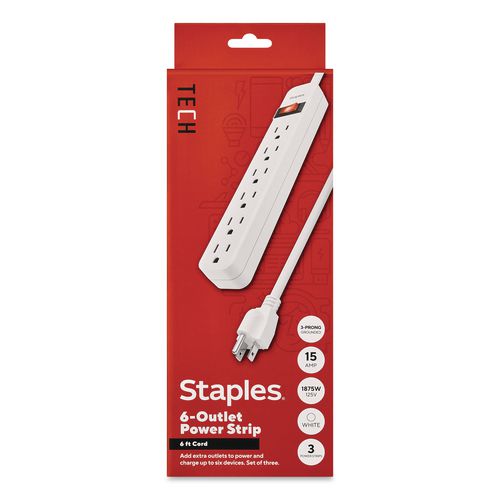 Six-Outlet Power Strip, 6 ft Cord, White, 3/Pack