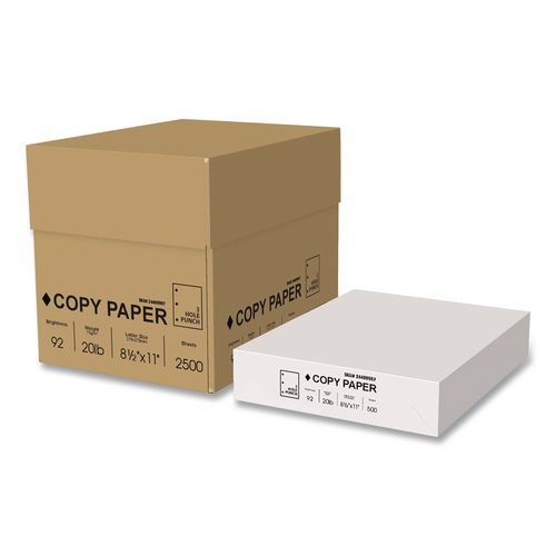 Copy Paper, 92 Bright, 3-Hole Punch, 20 lb Bond Weight, 8.5 x 11, White, 500 Sheets/Ream, 5 Reams/Carton