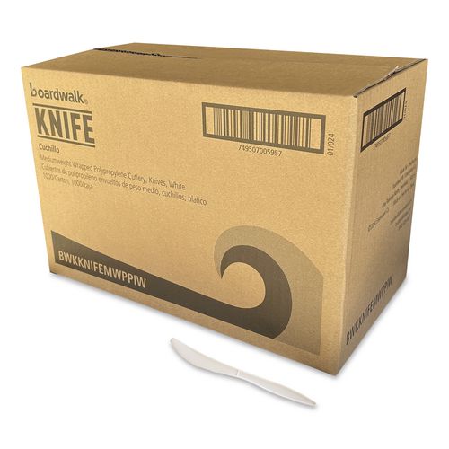BoardwalkÂ® Mediumweight Wrapped Polypropylene Cutlery, Knife, White, 1,000/Carton