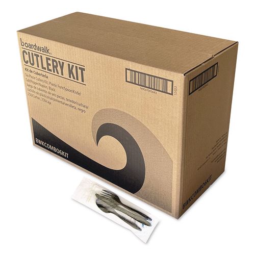 BoardwalkÂ® Six-Piece Cutlery Kit, Fork/Knife/Napkin/Pepper/Salt/Spoon, Black, 250/Carton