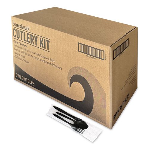 BoardwalkÂ® Three-Piece Cutlery Kit, Fork/Knife/Teaspoon, Polystyrene, Black, 250/Carton