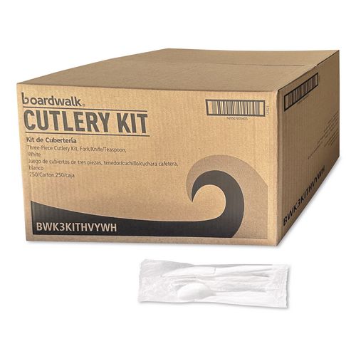 BoardwalkÂ® Three-Piece Cutlery Kit, Fork/Knife/Teaspoon, Polystyrene, White, 250/Carton