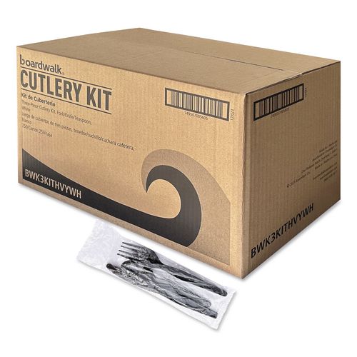 BoardwalkÂ® Three-Piece Cutlery Kit, Fork/Knife/Teaspoon, Heavyweight, Black, 250/Carton