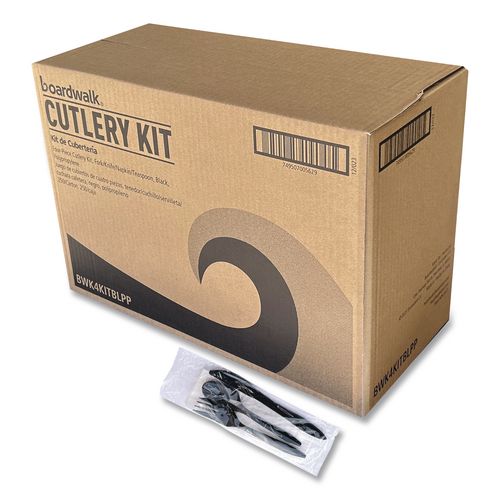 BoardwalkÂ® Four-Piece Cutlery Kit, Fork/Knife/Teaspoon/Napkin, Mediumweight, Black, 250/Carton