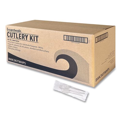 BoardwalkÂ® Three-Piece Cutlery Kit, Fork/Knife/Teaspoon, Mediumweight, White, 250/Carton