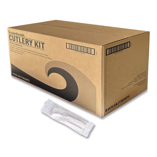 BoardwalkÂ® Four-Piece Cutlery Kit, Fork/Knife/Napkin/Teaspoon, Mediumweight, Polystyrene, White, 250/Carton