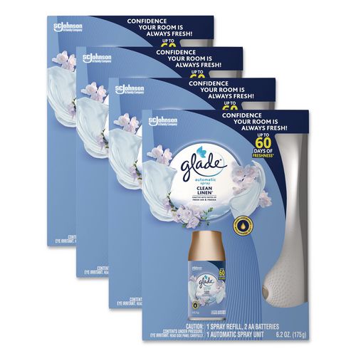 GladeÂ® Automatic Spray Starter Kit, Spray Unit and Refill, White/Gold, Clean Linen, 4/Carton