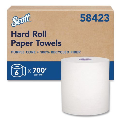 100% Recycled Hard Roll Paper Towels, 1-Ply, 8" x 700 ft, White, 6/Carton