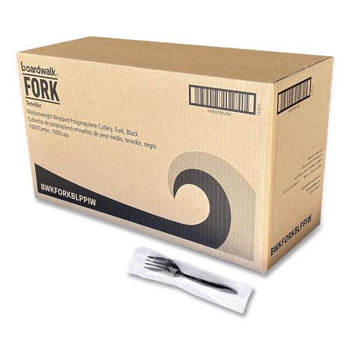 BoardwalkÂ® Mediumweight Wrapped Polypropylene Cutlery, Fork, Black, 1,000/Carton