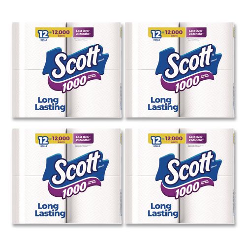 1000 Bathroom Tissue, Septic Safe, 1-Ply, White, 1,000 Sheets/Roll, 12 Rolls/Pack, 4 Packs/Carton