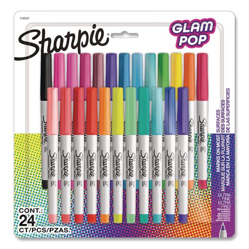 Ultra Fine Tip Permanent Marker, Ultra-Fine Needle Tip, Assorted Classic and Limited Edition Glam Pop Colors, 24/Pack