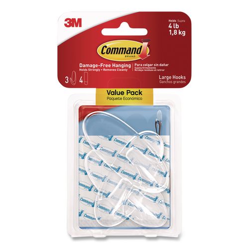 Large Utility Hook, Plastic, Clear, Supports 4 lb, 3 Hooks and 6 Strips/Pack