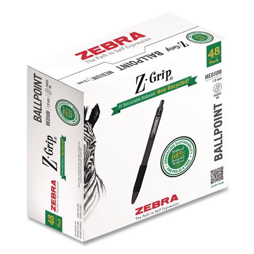 Z-Grip Ballpoint Pen, Retractable, Medium 1 mm, Black Ink and Barrel, 48/Pack