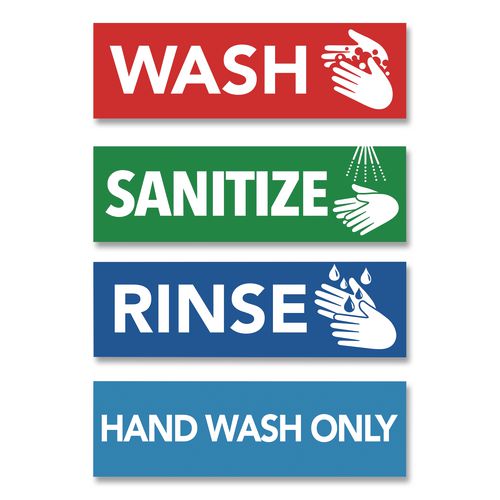 Wash, Rinse, Sanitize, Hand Wash Only Decals, 2.75 x 9", Assorted Colors, 4/Pack