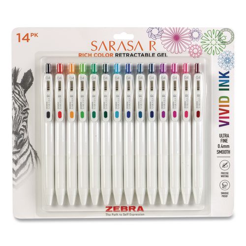 Sarasa R Gel Pen, Retractable, Extra Fine 0.4 mm, Assorted Ink Colors, White Barrels, 14/Pack