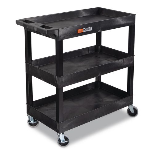 Tuffy XL Three-Shelf Utility Cart with Tub Shelves, Plastic, 300 lb Capacity, 35" x 18" x 36", Black