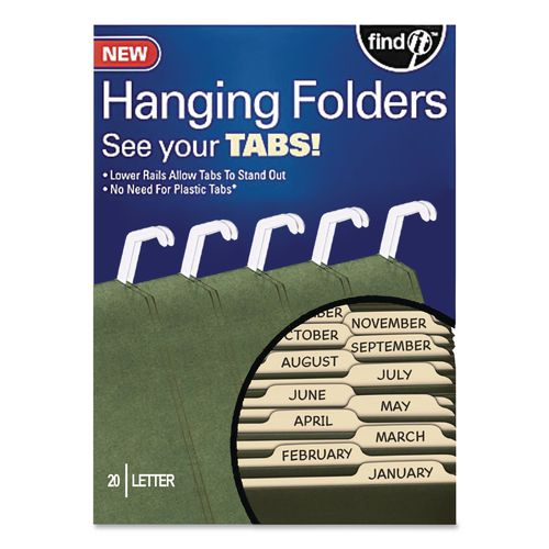 Hanging File Folders with Innovative Top Rail, Letter Size, 1/4-Cut Tabs, Standard Green, 20/Pack