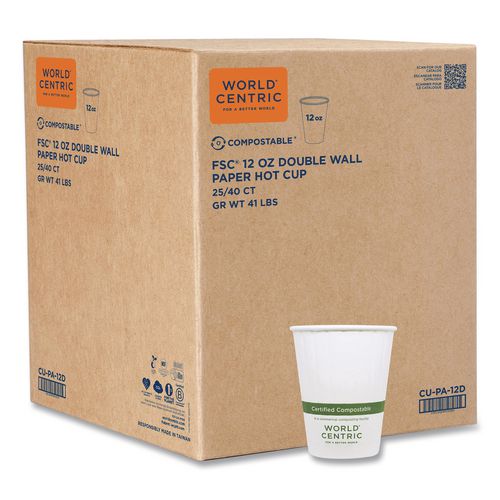 Double Wall Paper Hot Cups, 12 oz, White, 1,000/Carton