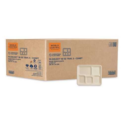 Fiber Foodservice Trays, 5 Compartments, 8.5 x 10.24 x 1.01, Natural, Paper, 400/Carton