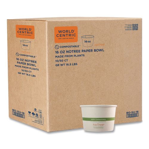 No Tree Paper Bowls, 16 oz, 4.4" Diameter x 3" h, Natural, Sugarcane, 500/Carton
